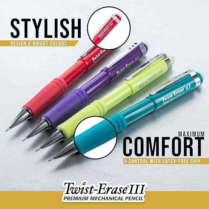 Pentel Twist-Erase III Mechanical Pencils, 0.5 mm, Assorted Barrel Colors, Pack Of 2 Pencils