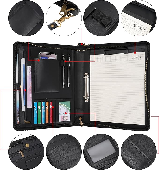 Wason A4 Portfolio with Zipper - Leather PU Padfolio with Detachable Ring Binder and Writing Notepad Holder, Conference File Multi-Pockets Organizer for Office Travel School (Black)