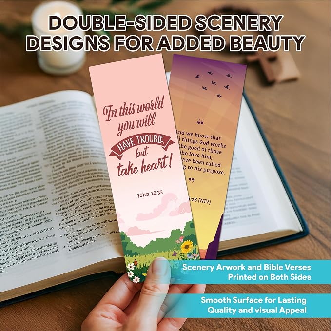 Decorably 100 Pack 2x6.5in Christian Bookmarks for Women and Men - 50 Scenery Designs Double-Sided Inspirational Verse Bible Book Markers - Journals, Bible, and Faithful Reflection