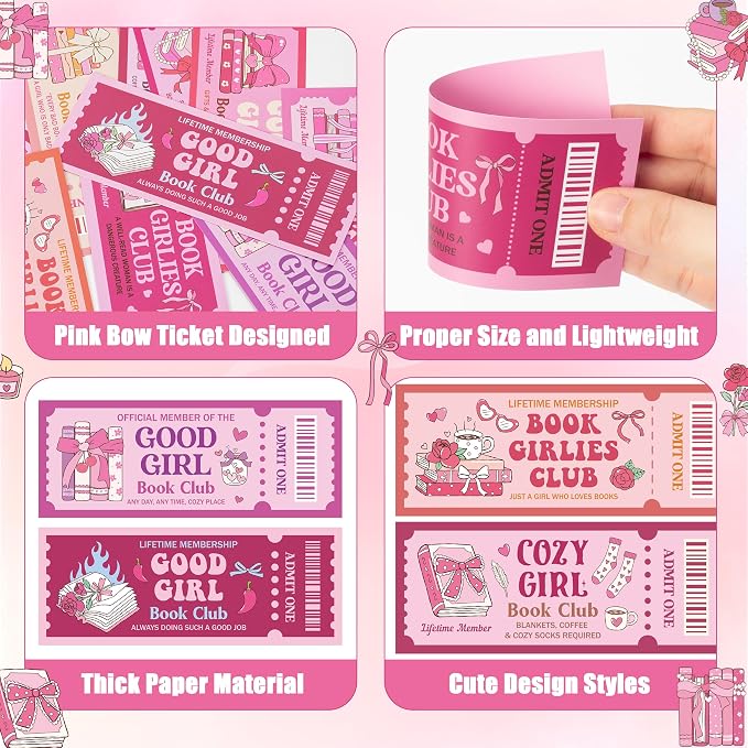 Laffact Pink Bow Reading Bookmarks - 240Pcs Cute Cozy Girl Ticket Style Book Club Gifts, Library Bookish Books Page Marker, Readers Accessories Reading Tracker for Book Lover Bookish Romance Reader
