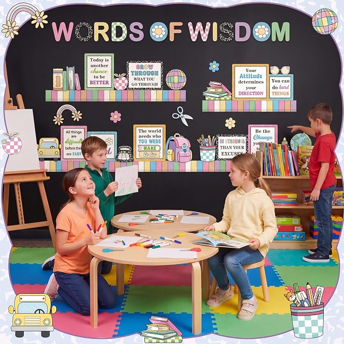 Qilery Words of Wisdom Bulletin Board Set Retro Groovy Classroom Decorations with Bookshelf Border Inspirational Quotes for School Library Reading Nook Pastel Macaron Teacher Supplies Back to School