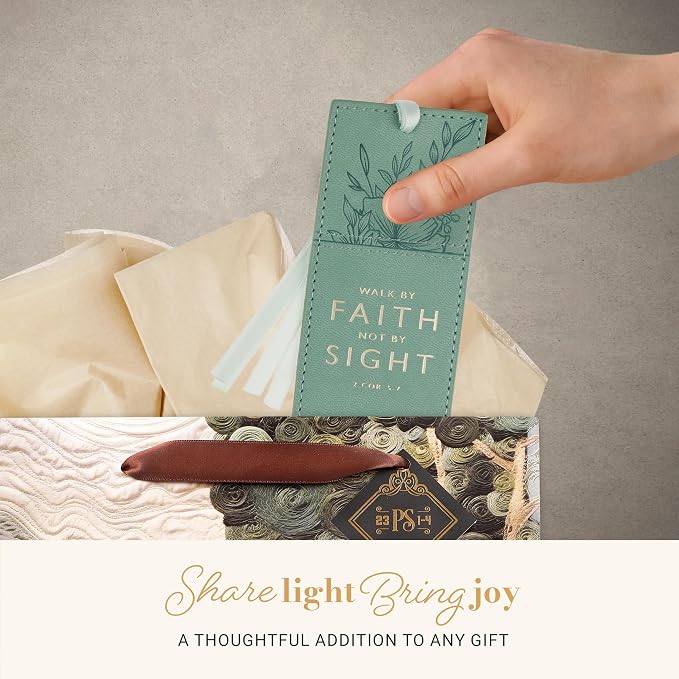 Christian Art Gifts Premium Vegan Leather Encouraging Scripture Bookmark for Women: Walk by Faith Inspirational Bible Verse, Smooth Satin Ribbon, Sturdy Debossed Floral Reading Accessory, Teal & Gold