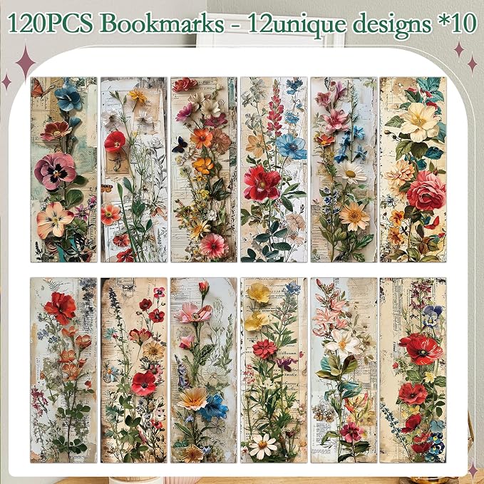 Vintage Floral Bookmarks Gifts - 120 Pcs Retro Flower Bookmark Paper Double-Sided Reading Page Markers Clips Book Mark for Women Men Office Home Book Lovers Bookworm Party Supplies