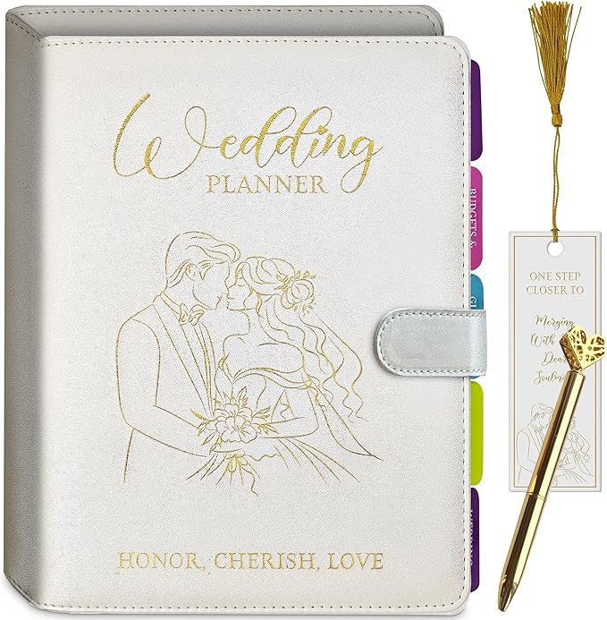 Future Mrs. Wedding Planner Book – White PU Leather with Gold Stamped Cover – Includes Gold Heart Pen & Bookmark – 7.25” x 9” Bridal Organizer for Budget, Guests, Vendors, Honeymoon & Wedding Day