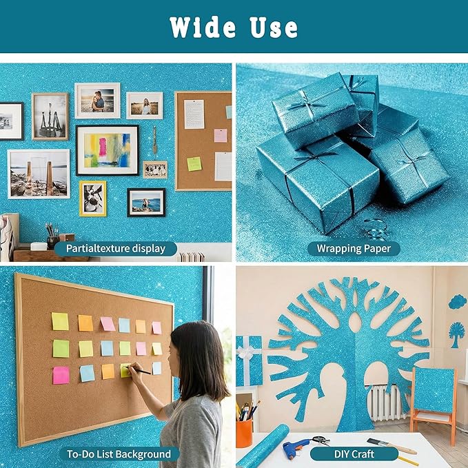 16" × 30ft Blue Glitter Bulletin Board Roll Reusable Board Background Paper Wallpaper DIY Art Poster Paper Classroom Bulletin Board Decor for School Office Arts Crafts Home Wall Decor Supplies
