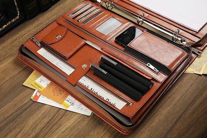 Brown Leather Padfolio for Women/Men, Business Leather Binder 3 Ring Portfolio, Personalized Leather Portfolio Binder, Zippered Portfolio Organizer for A4 Notepad & 13-inch Laptop/Tablet