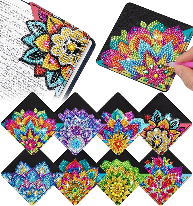8 PCS Diamond Art Bookmarks, Diamond Painting Bookmarks for Book Lovers 5D DIY Corner Bookmark Adults Crafts Diamond Art Kits for Adults Kids Home Office Beginner Gift
