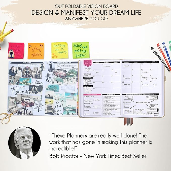 Deluxe Weekly and Monthly Planner | Law of Attraction Planner with Productivity App | 12-Month for Productivity, Gratitude & Goal Setting | Includes Foldable Vision Board, Gift Box & Stickers