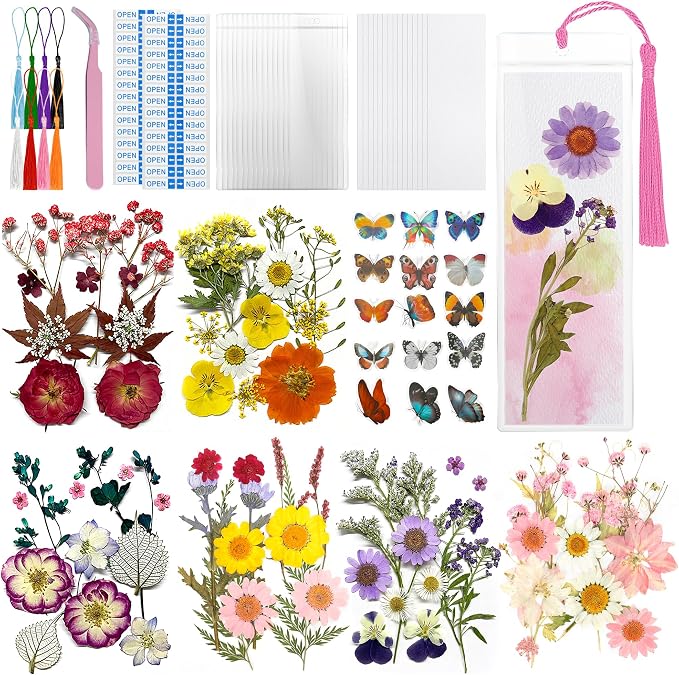 DIY Bookmark Making Kit – 187 PCS Dried Flower Bookmark Kit with Blank Bookmarks, Pressed Flowers, Butterfly Stickers, Tassels, Sleeves – Bookmark Craft for Painting, Handmade Gifts, DIY Bookmarks