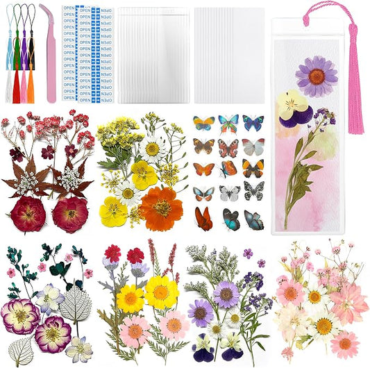 DIY Bookmark Making Kit – 187 PCS Dried Flower Bookmark Kit with Blank Bookmarks, Pressed Flowers, Butterfly Stickers, Tassels, Sleeves – Bookmark Craft for Painting, Handmade Gifts, DIY Bookmarks