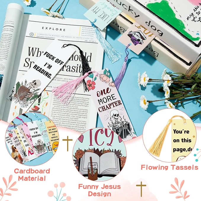 10Pcs Funny Bookmarks with Tassel for Reading Reader Gift, Cute Funny Book Marks for Women Men Christian Paper Bookmark Page Makers for Students Teachers Christmas Bookish Gifts for Book Lovers