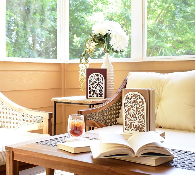 CNK Premium BookEnds - Metal Book Stoppers for Heavy Books, Home Office, Decorative Lily Flower White