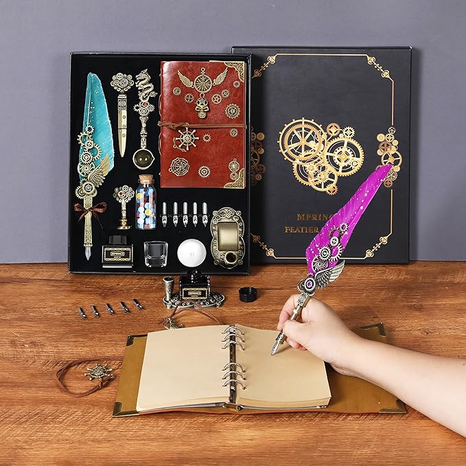 Aifeiter Quill Pen and Ink Set With Quill and 5 Replaceable Nibs,Seal Stamp,Spoon,Wax Beads,White Wax,Pen Holder, Cup,Envelope,Letter Paper,Envelope Tool(green)