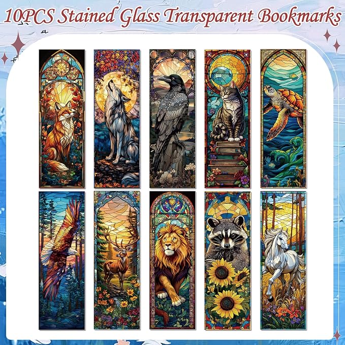 Stained Glass Animal Transparent Bookmark - Wxiben 10 Pcs Fantasy Animals Transparent PVC Bookmark Cat Turtle Book Mark Page Clips Gifts for Women Men Book Lovers Bookish Readers Accessories