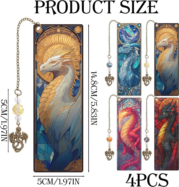 Fantasy Dragon Bookmark Gifts - 4 Pcs Cool Stained Glass Bookmarks for Men Novles Book Lovers Tassels Beaded Page Marks Books Merch Reading Accessories Bookish Gift for Birthday Back to School