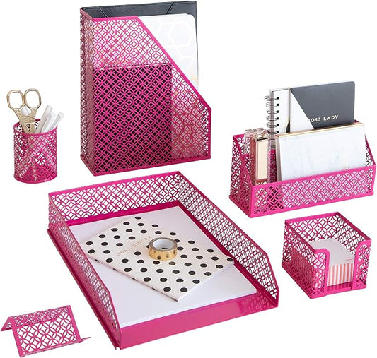 BLU MONACO Pink Office Supplies Hot Pink Desk Accessories for Women Office - 6 Piece Cute Pink Desk Organizer Set