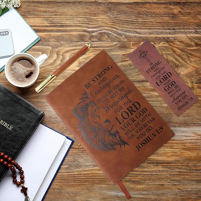 Fuyoooo 4 Pcs Christian Gifts for Men Father's Day Pastor Appreciation Gifts Vintage Leather Hardcover Notebook 1 Timothy 6:11 Religious Bible Verse Pen Joshua 1:9 Bookmark & Box(Lion,Brown)