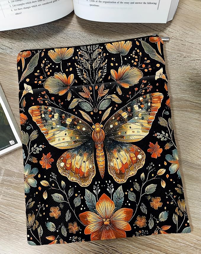 Vintage Flower Butterfly William Morris Book Sleeve for Book Lovers, Bookish Book Protector with Zipper, Washable Fabric Book Cover for Paperbacks,11.4 x 9.1Inches (Black-Butterfly, Medium)