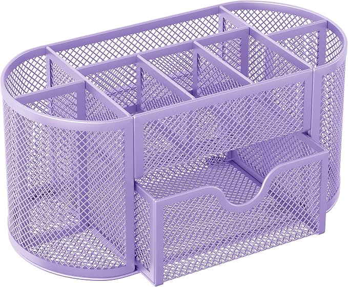 EasyPAG Mesh Pen Holder Desk Organizer with Drawer Stationery Supplies Organizer for Dorm School 9 Compartments Workspace Desk Accessories Organization for Office, Light Purple
