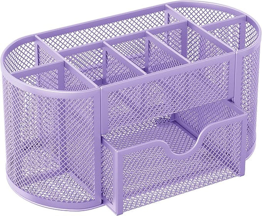 EasyPAG Mesh Pen Holder Desk Organizer with Drawer Stationery Supplies Organizer for Dorm School 9 Compartments Workspace Desk Accessories Organization for Office, Light Purple