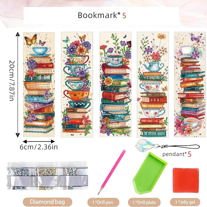 5 Pieces Acrylic Books Diamond Painting Bookmark with Tassels, Coffee Special-Shaped Small Diamond Art Book Marks for Adult, Flower Bookmark Paint with Diamonds for Book Lover