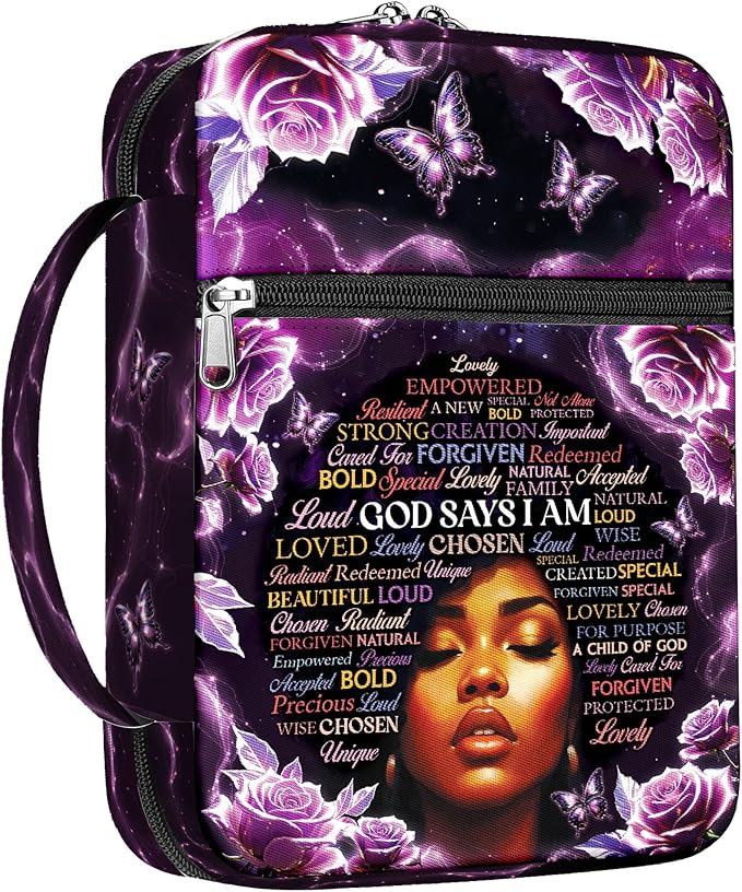 God Says I Am Bible Cover for Women, African American Design Bible Case with Handle and Zipper Pocket, Inspirational Scripture Canvas Bag for Church, Bible Study, Spiritual Christian Gift