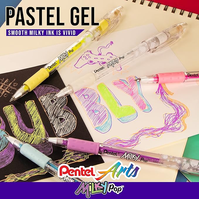 Pentel Milky Pop Pastel Gel Pen, (0.8mm) Medium, White Ink 8 Pack
