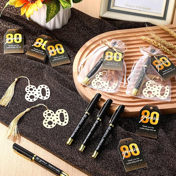 Spakon 50 Set 80th Birthday Party Favor for Guest Anniversary Party Favor Golden Birthday Bookmark Thanks Coming Pen with Tag Appreciation Gifts for Women Men Wedding Anniversary