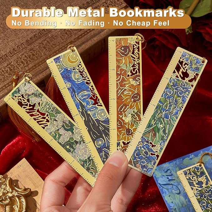 4 PCS Metal Bookmark Ruler, Hollow Van Gogh Book Marks for Reading Women & Men, Journals, Planners,Book Lovers Gift