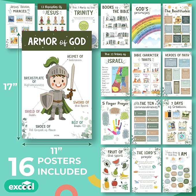 Excool Club Sunday School Decorations For Classroom - 16 Book Of The Bible Posters For Kids, Ten Commandments Fruit Of The Spirit Wall Art, Bible Study Supplies For Christian Classroom Decor (11"x17")