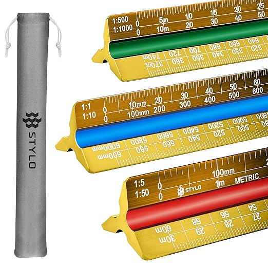 Stylo 12" Aluminum Architect Scale Ruler Laser Etched Triangle Drafting Ruler, Color Coded Grooves for Blueprint, Drafting and Drawing, Architectural Scale Ruler for Blueprints (Yellow, Metric Units)