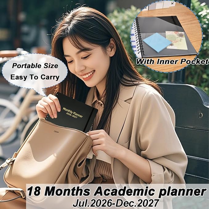 Monthly Planner 2026-2027 (7.4'' x 9.6''), 18 Months Calendar Book from Jul 2026-Dec 2027, 2026 Agenda Planner with Tabs & Pocket, 120GSM Paper, Black