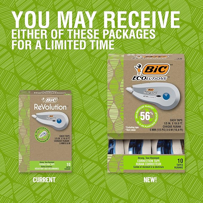 BIC Ecolutions Wite-Out Brand Correction Tape, 19.8 Feet, 10-Count Pack, Correction Tape Made from 56% Recycled Plastic Excluding Tape (Pack of 9)