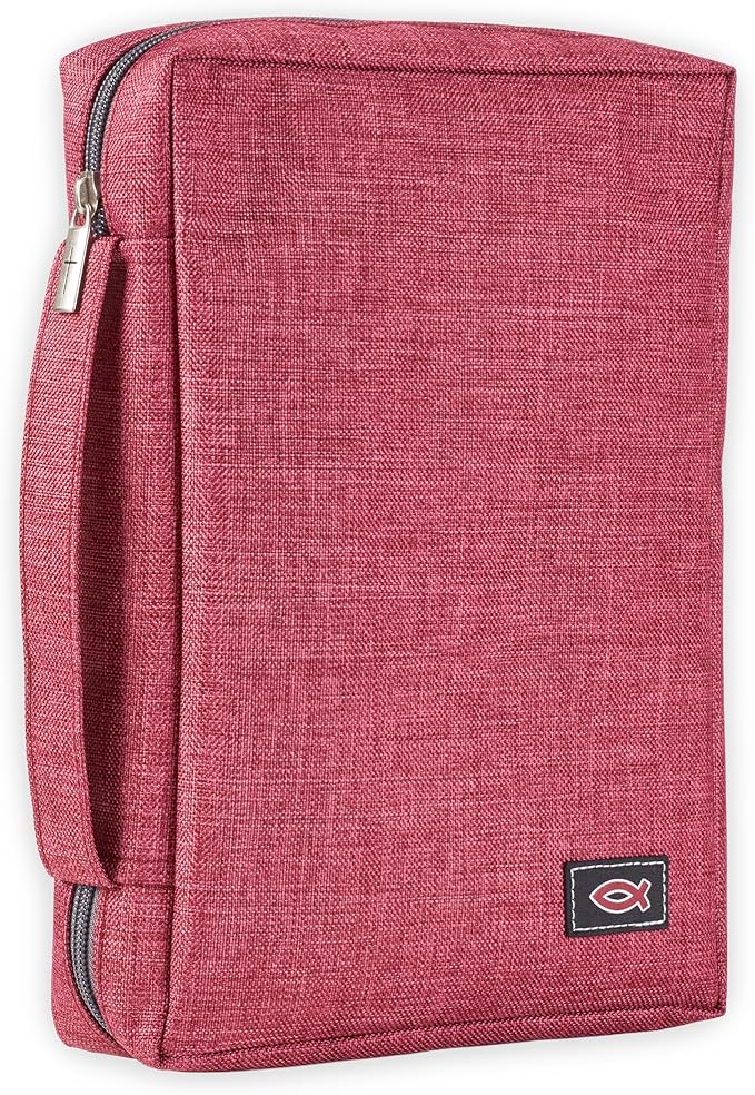 Christian Art Gifts Men/Women's Bible Cover Jesus Fish, Red Canvas, Large