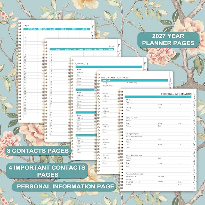 2027 Monthly Planner - 2027 Planner with Tabs, Monthly Planner/Calendar 2027, Jan. 2027 - Dec. 2027, 9" x 11", Strong Gold Twin-wire Binding, Back Pocket, Note Pages - Floral