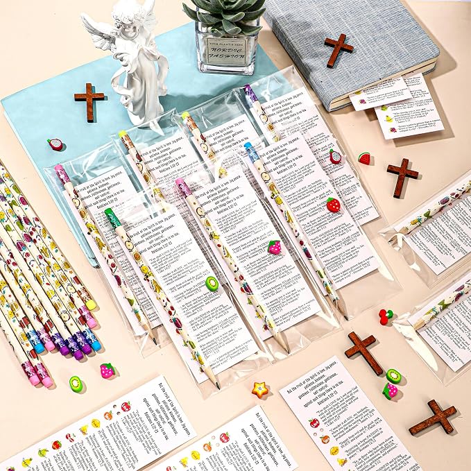MotiMind 45 Set Fruit of The Spirit Gifts Fruits of The Spirit Bookmarks Christian Fruits Pencils Erasers Bulk Religious Dancing Fruit for Sunday School Teacher Appreciation Church First Day of School