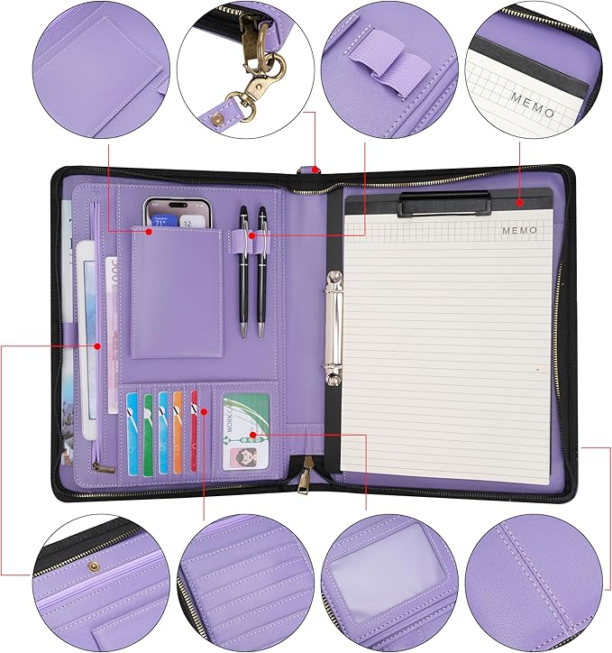 Wason A4 Portfolio with Zipper - Leather PU Padfolio with Detachable Ring Binder and Writing Notepad Holder, Conference File Multi-Pockets Organizer for Office Travel School (Purple)