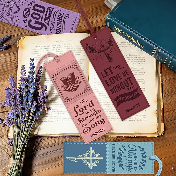 8PCS Leather Bookmark Bible Bookmarks for Reading Women Men Teacher Book Lovers Gifts, Vintage Religious Christian Bookmark Page Markers Inspirational Bible Verse Scripture Book Marks (Morandi)