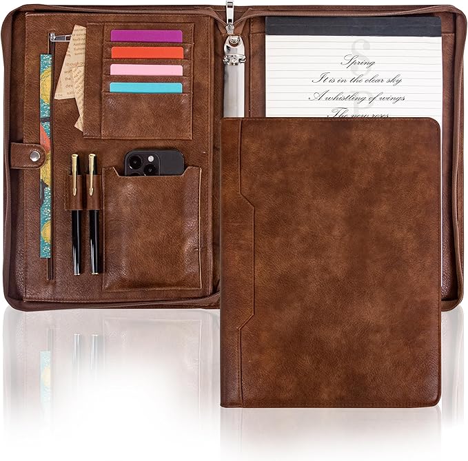 Calfinder 3 Ring Portfolio Binder with Zipper,Leather Padfolio for Men&Women,Business Portfolio Organizer with Tablet/Documents Holder,Leather Padfolio Binder for Interview/Office,Valentine's Day Gift