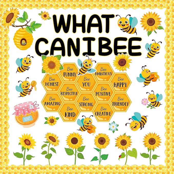 Sokfone Bee Bulletin Board Decor Set, Beneficial Habits Classroom Themes Decoration for Back School Teacher Student Door Wall Chalkboard Supplies