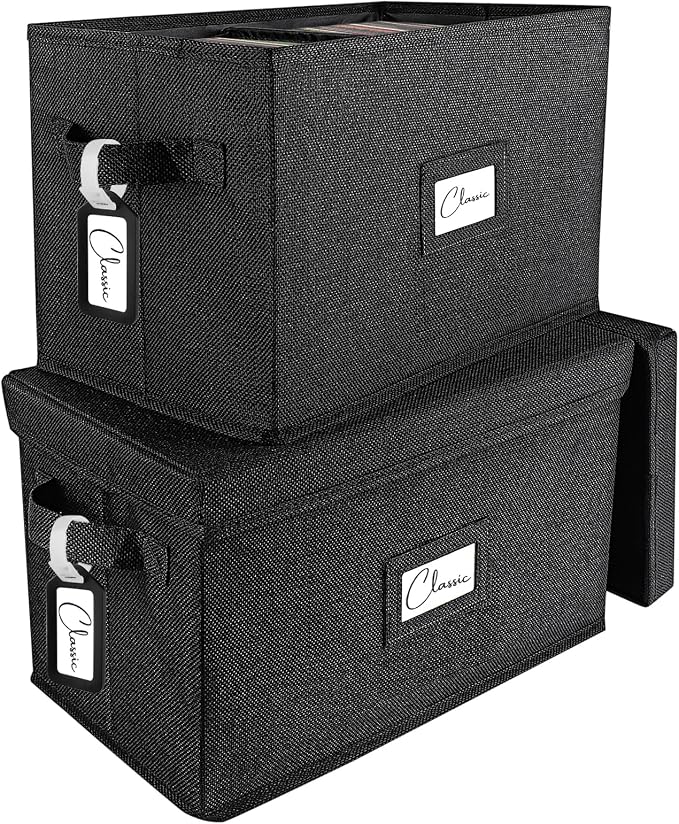 Woodoulogy Vinyl Record Storage Box Set of 2 - for 7"/45 RPM LPs, Black Case with Lid Holds up to 160 Albums, CD Crate Play Music Holder, File Folder Cabinet Organizer Case with Handle