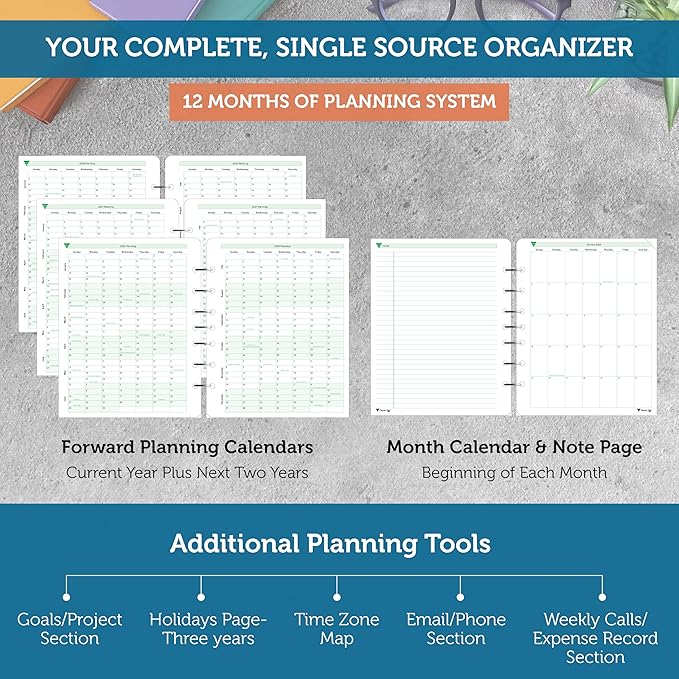 Planner Pad 7 Hole Loose Leaf January-December 2026/ Calendar Year 6 3/4" x 8 1/2" Medium 3-Tier Funnel Down 12 Month Organizer, Soft Green Ink