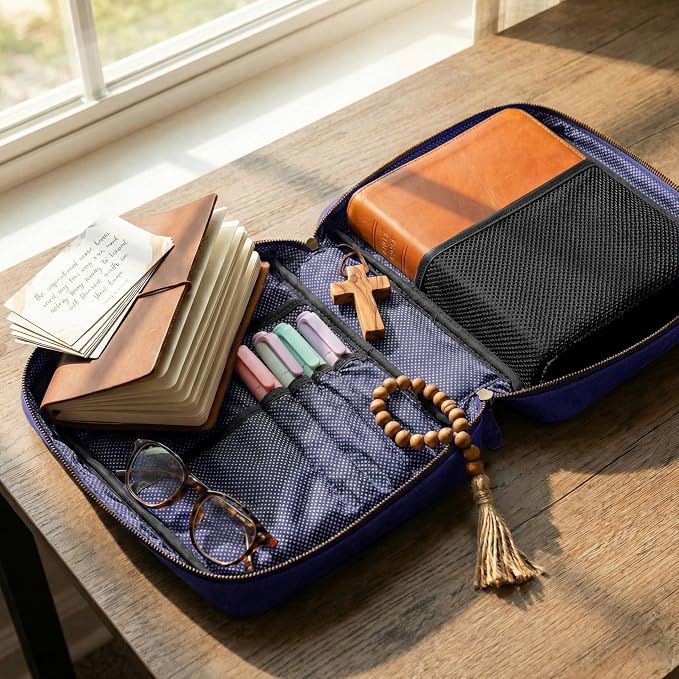 LEATHER VILLAGE Genuine Leather Bible Cover with Zipper for Men & Women - Large Bible Case Carrying Bag Book Cover & Organizer with Handle and Pockets - Leather Bible Covers for Church Study - Blue