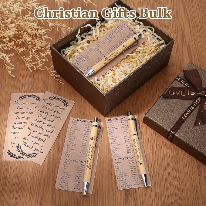 50Set Christian Gifts Bulk for Women Men with Bamboo Bible Verse Pens Bible Bookmarks Inspirational Religious Church Gifts for Christmas Sunday School Clergy Teacher Coworkers Teachers