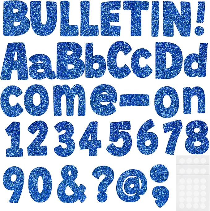 225Pcs Glitter Bulletin Board 4inch Letters with Adhesive Dots Punctuation Symbols Cutout for Classroom Numbers Alphabet School Display Decorating Supplies (Blue)