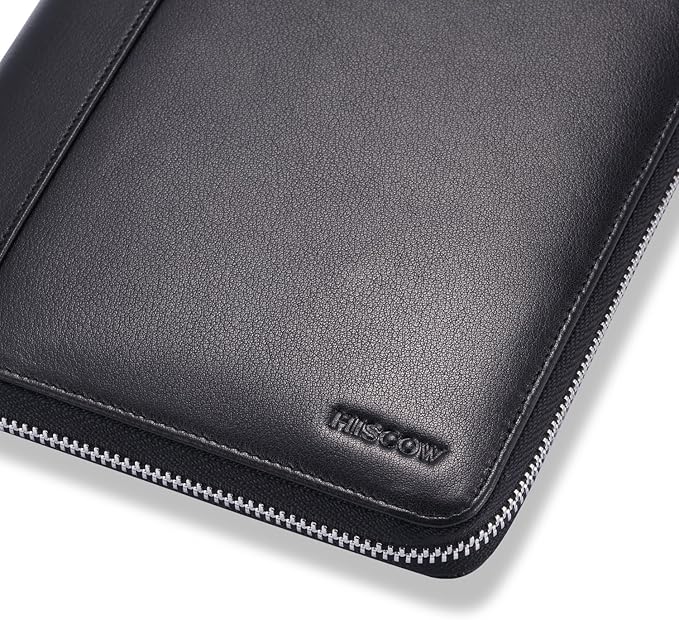Leather Junior Padfolio for Men & Women with Pen Loop, Italian Calfskin, Business Portfolio Notebook Folder (Zippered Black)