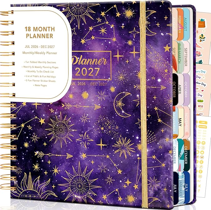 CAGIE Planner 2026-2027 18 Month July 2026-Dec 2027 Weekly and Monthly Calendar Planners Yearly Daily Hardcover 26-27 Planner for Women with Stickers Tabs Spiral Bound Agenda, Purple, 8.3"x9.1