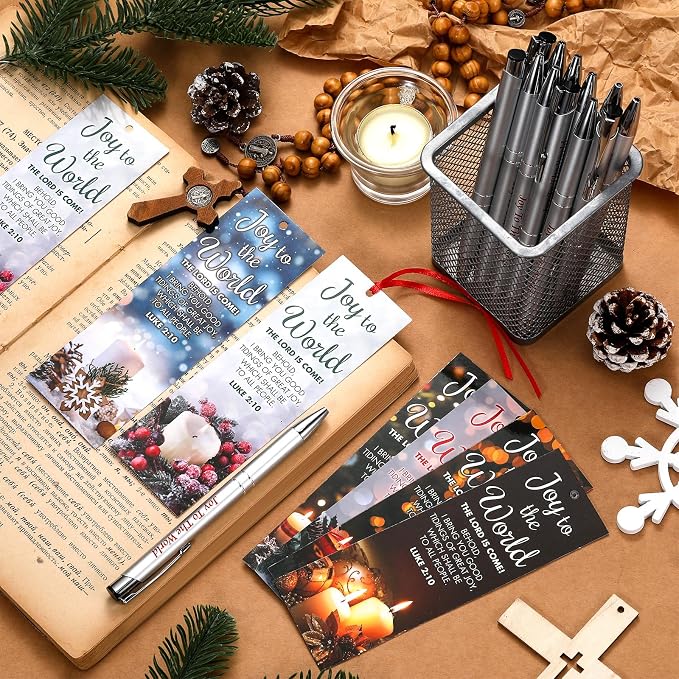 Dispowreath 24 Pcs/12 Sets Christmas Joy to the World Gift, Include 12 Xmas Luke 2: 10 Bookmark 12 Bible Verse Ballpoint Pen for Christmas Church Prizes Party Favors