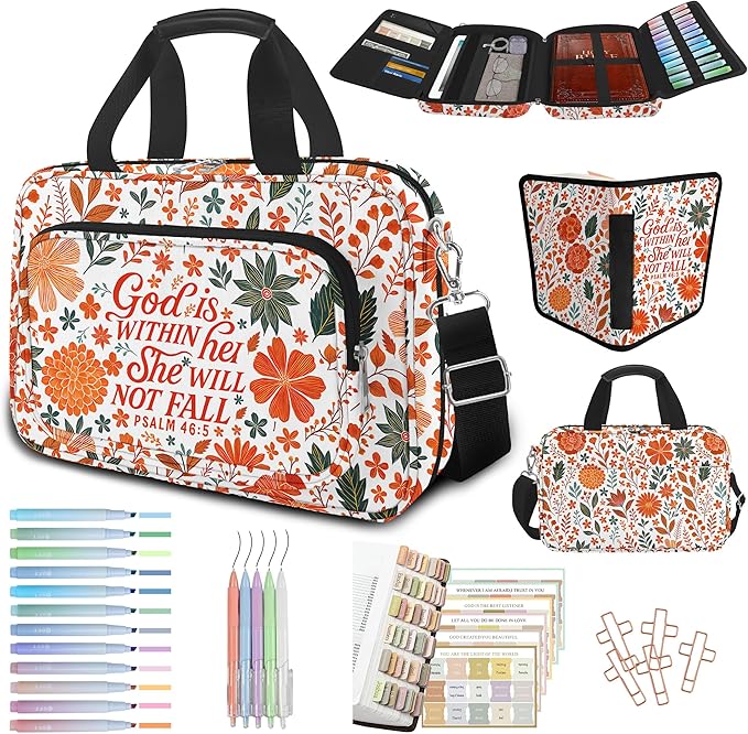 Autumn Flower Bible Cover Case for Women, Boho Cute Large Church Bible Bag Books Carrying Case with Shoulder Strap and Handle Zipper Pocket, Bible Study Supplies Journaling Kit Christian Gifts