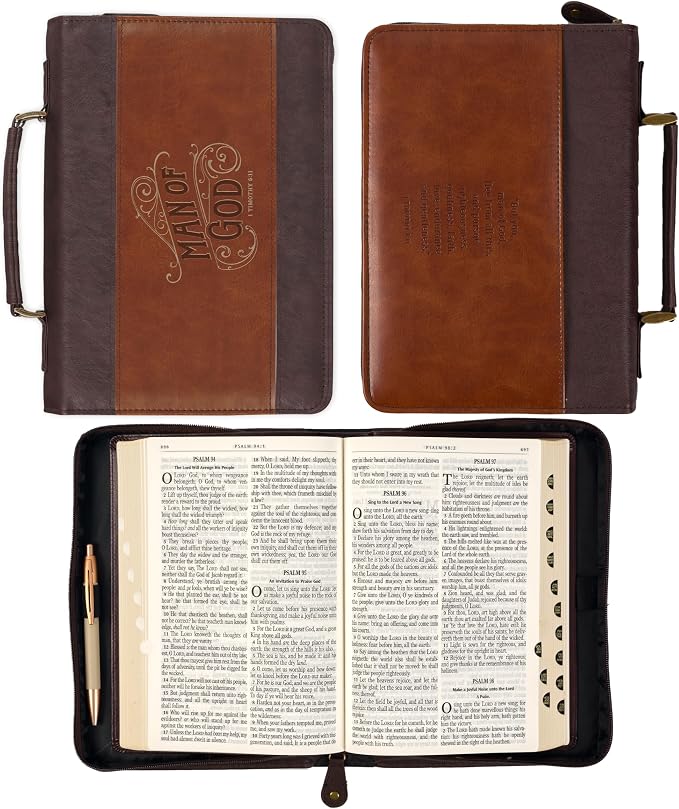 Christian Art Gifts Classic Premium Vegan Leather Inspirational Bible Cover for Men: Man of God Encouraging Bible Verse, Heat-Debossed, Sturdy Pen Loops, Pockets, Easy Carry, Brown & Gold, XL